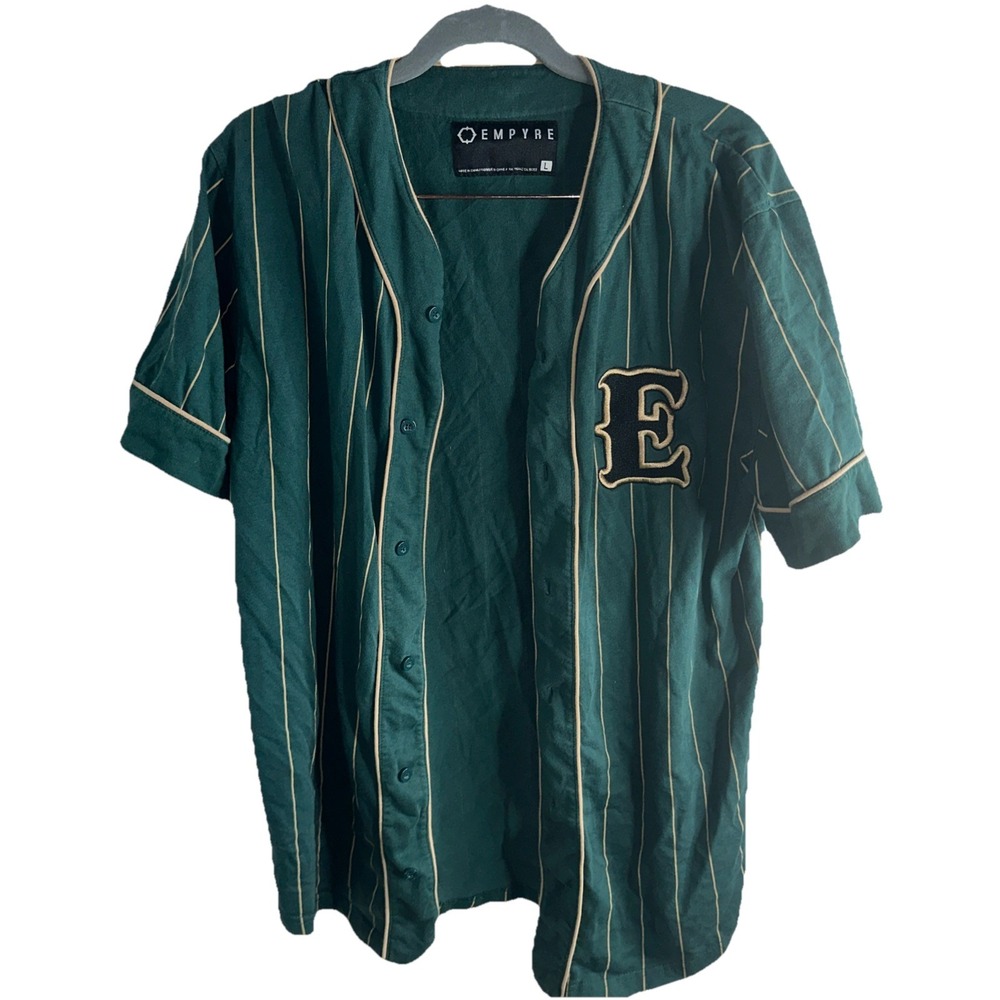 Empyre Green Pin Stripe Skate Jersey Button Down Front Mens L 100% Cotton